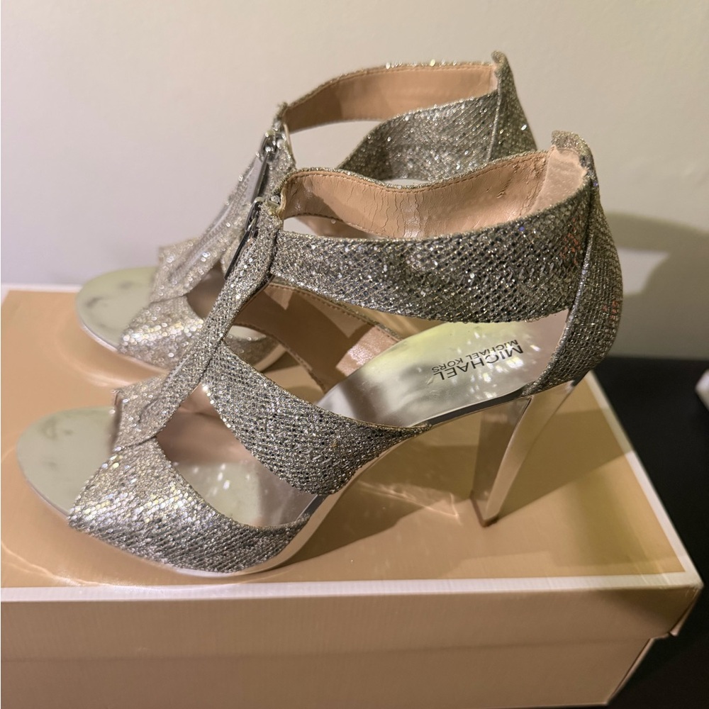 Michael Kors Glitter Open-Toe T-Strap Stiletto Sandals in Silver